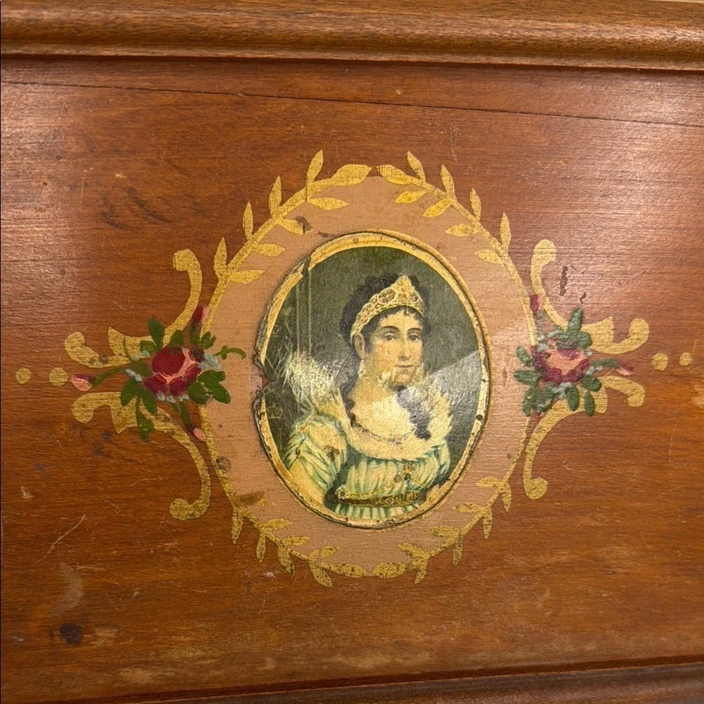 Antique English Victorian Hand Painted Wooden Jewelry Vanity Box